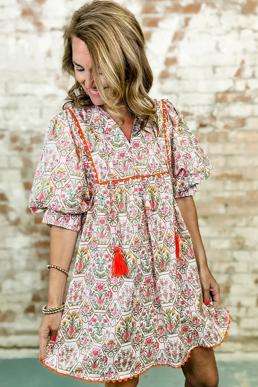 Pink Floral Tassel Tie V Neck Scalloped Detail Mini Dress Women UK — side detail
