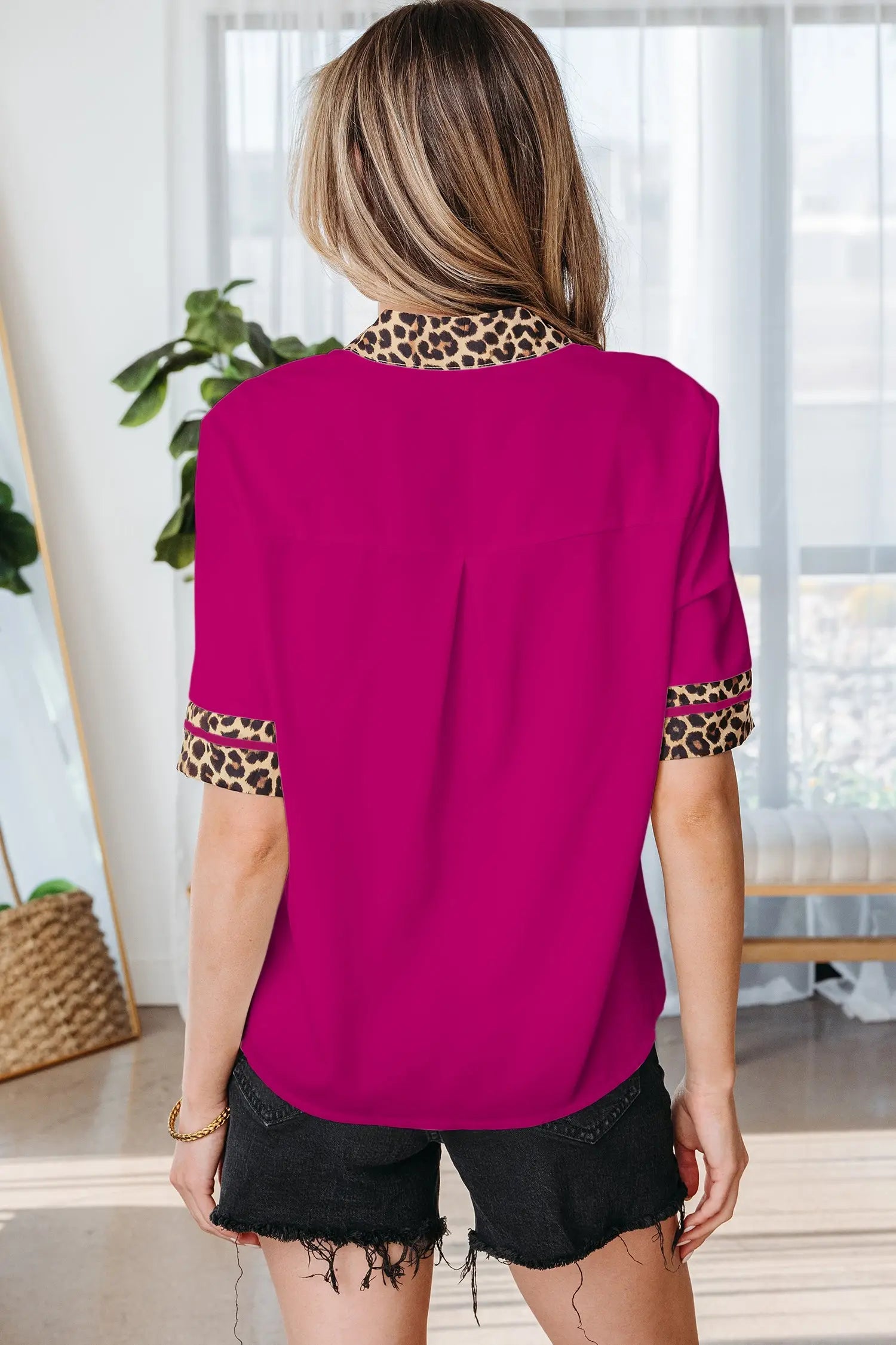 Leopard patchwork split v-neck short sleeve blouse blouses