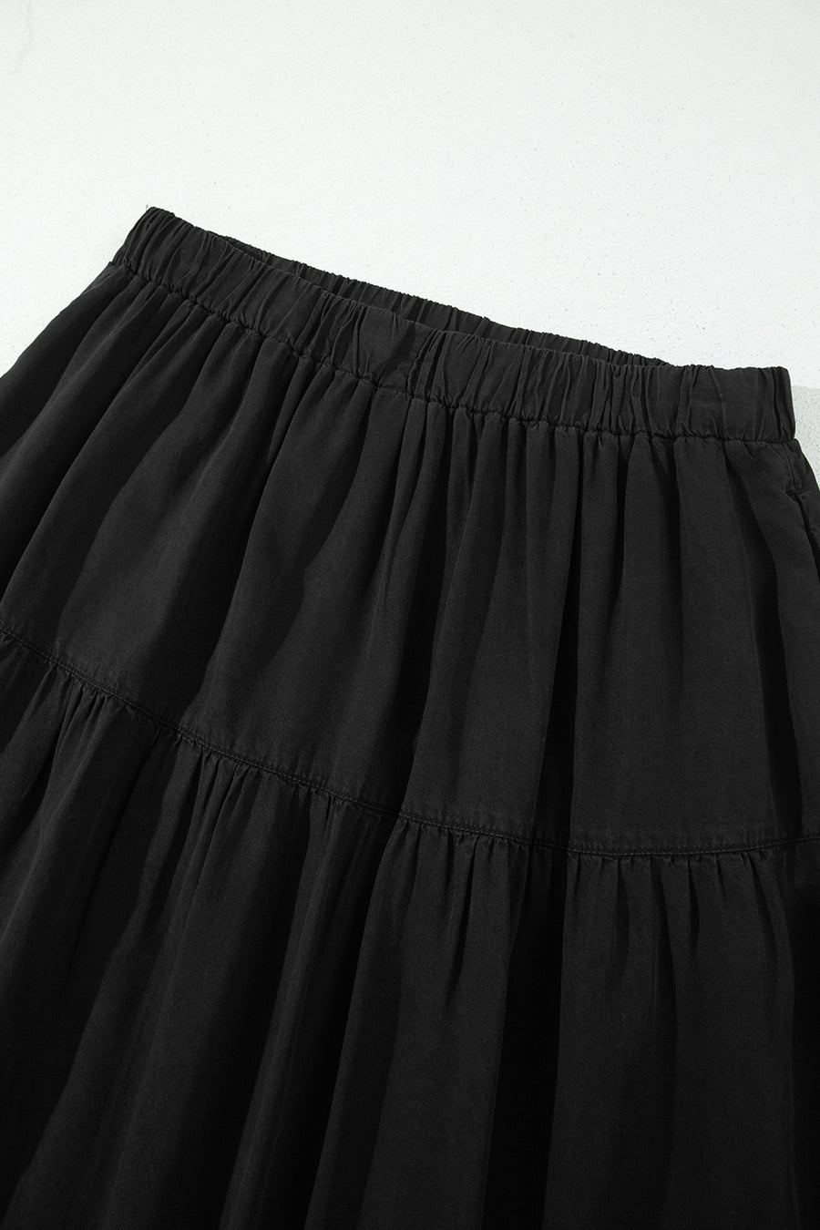 Black Elastic Waist Ruffled Tiered Flared Denim Maxi Skirt Women UK