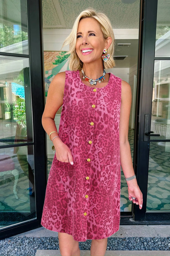 Leopard print denim shift dress button front sleeveless mini pockets dresses