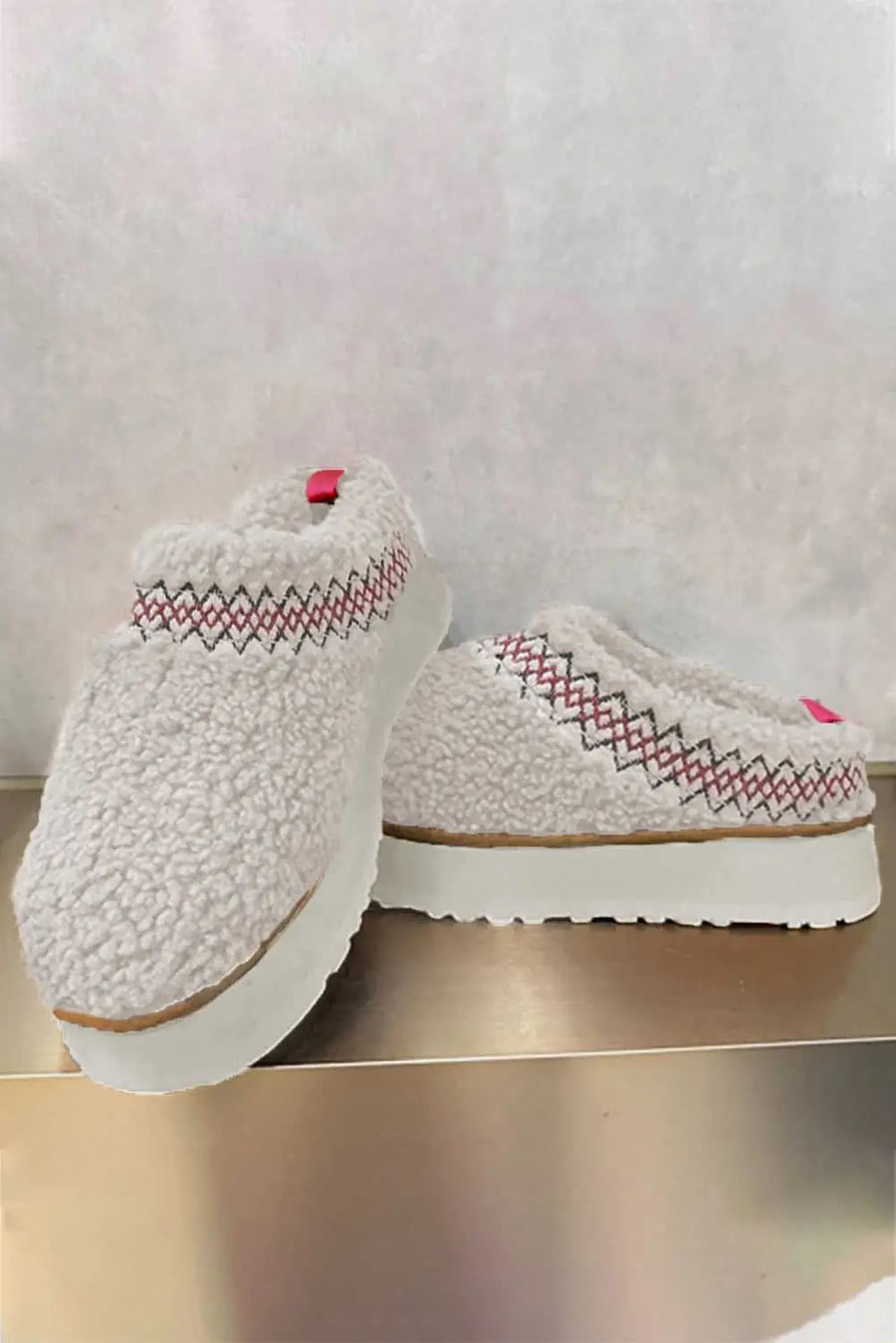 Embroidered sherpa plush winter slippers