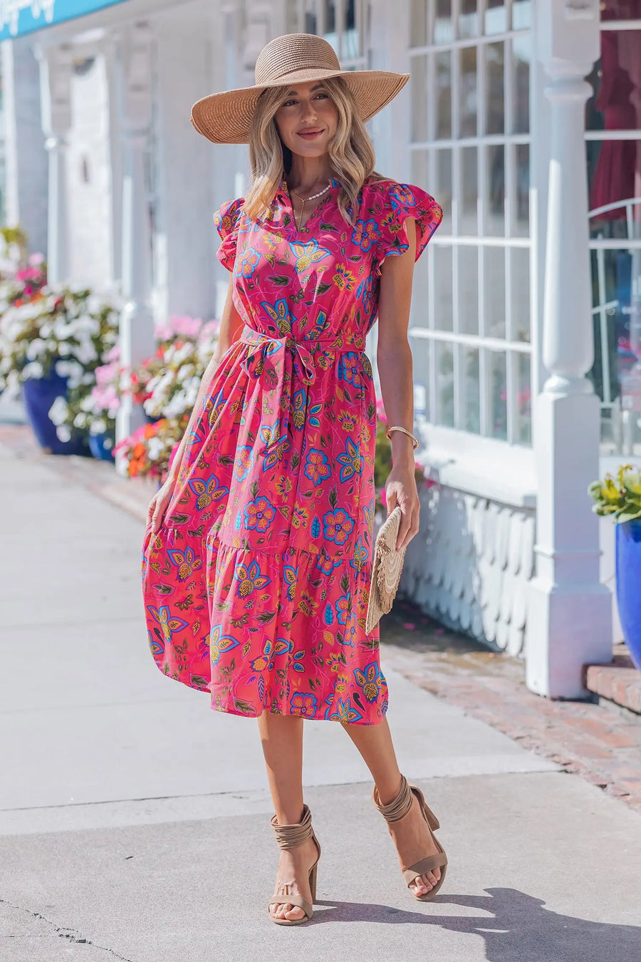 Rose flutter sleeve belted floral long midi dress