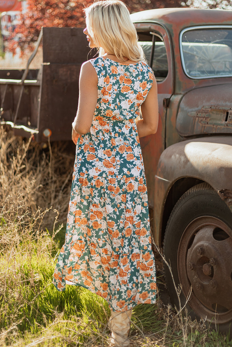 Green Floral Trimmed V Neck Tie Waist Sleeveless Maxi Dress Women UK