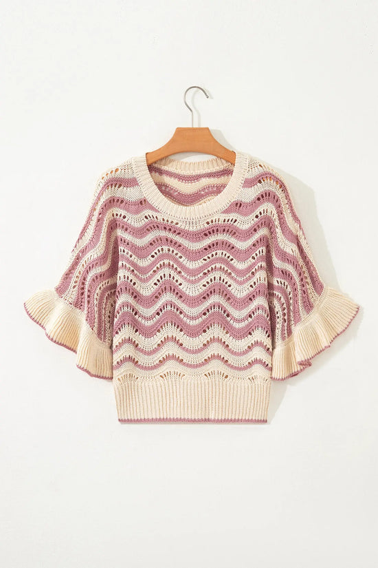 Wavy stripe crochet eyelet ruffle half sleeve knit sweater relaxed fit sweaters