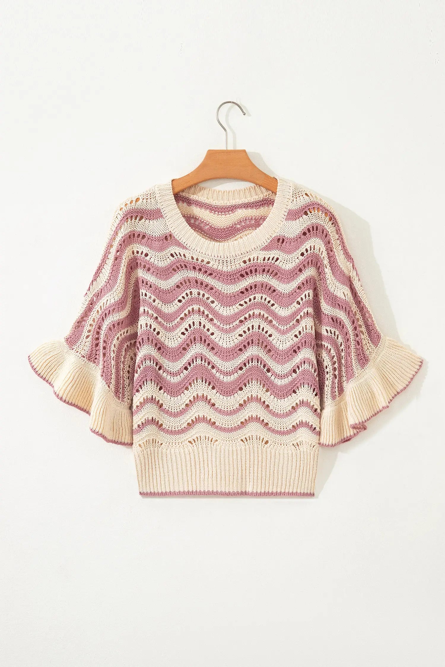 Wavy stripe crochet eyelet ruffle half sleeve knit sweater relaxed fit sweaters