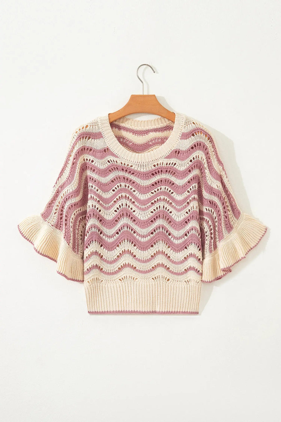 Wavy stripe crochet eyelet ruffle half sleeve knit sweater relaxed fit sweaters