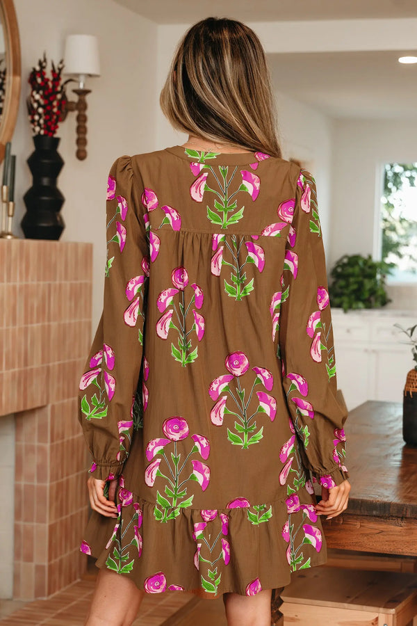 Brown Floral Babydoll Puff Sleeve Ruffle Hem Tunic Dress Women UK — back view