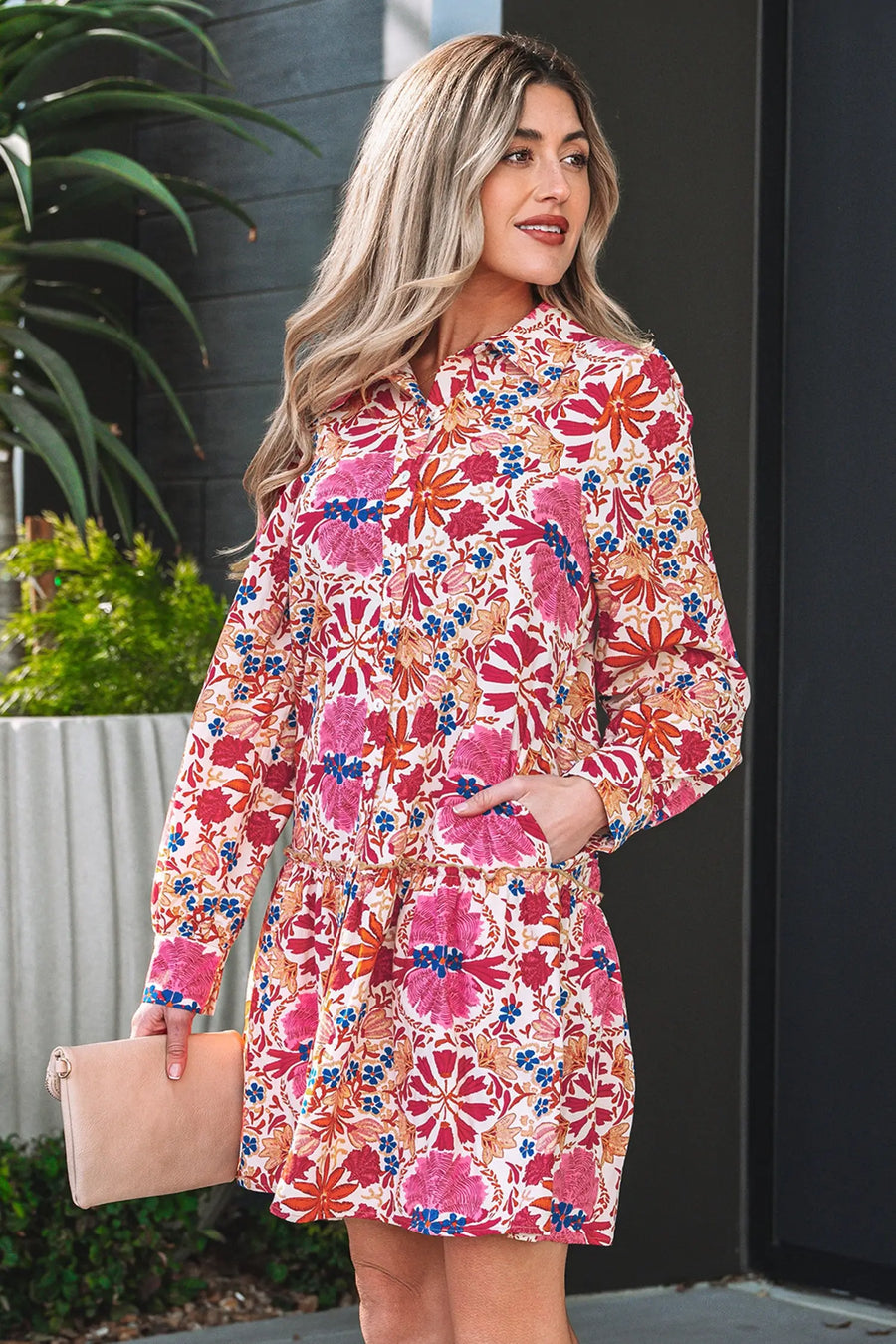 Red Fall Floral Long Sleeve Mini Dress Women UK — side view