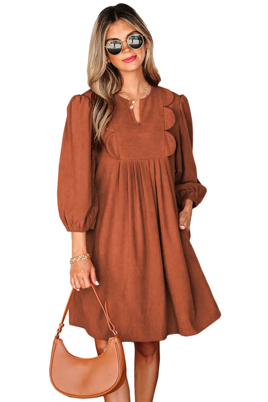 Moss green pleated corduroy mini dress women | split neck a-line
