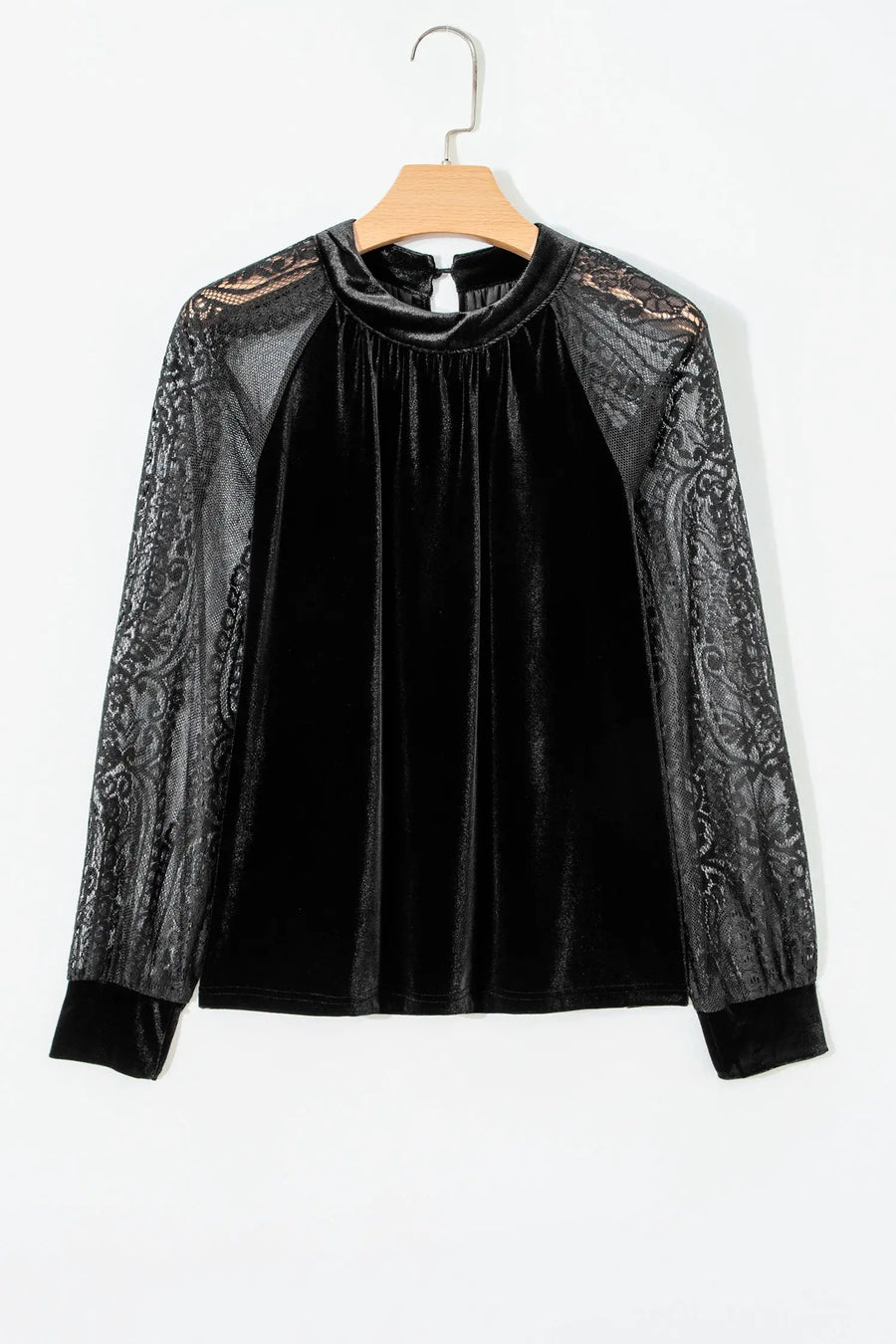 Sheer Lace Velvet Patchwork Stand Neck Blouse Women UK