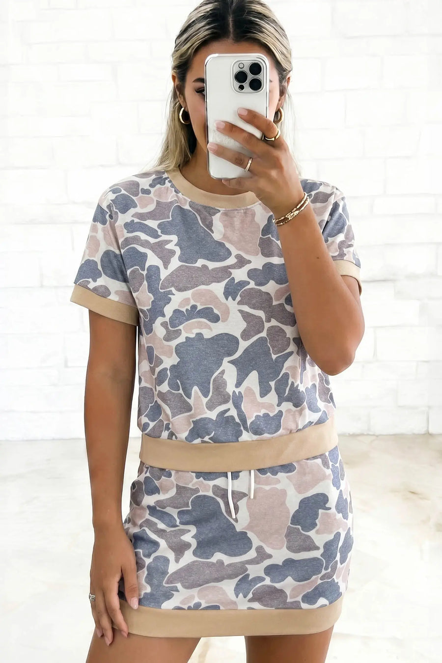 Women's camo skort 2-piece UK — full length front view on model