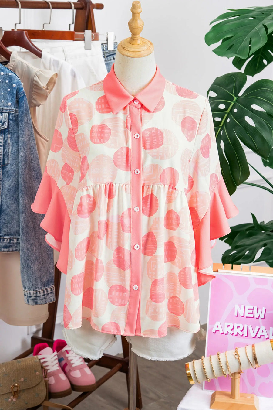Polka dot ruffle sleeve babydoll shirt button front collar pink shirts