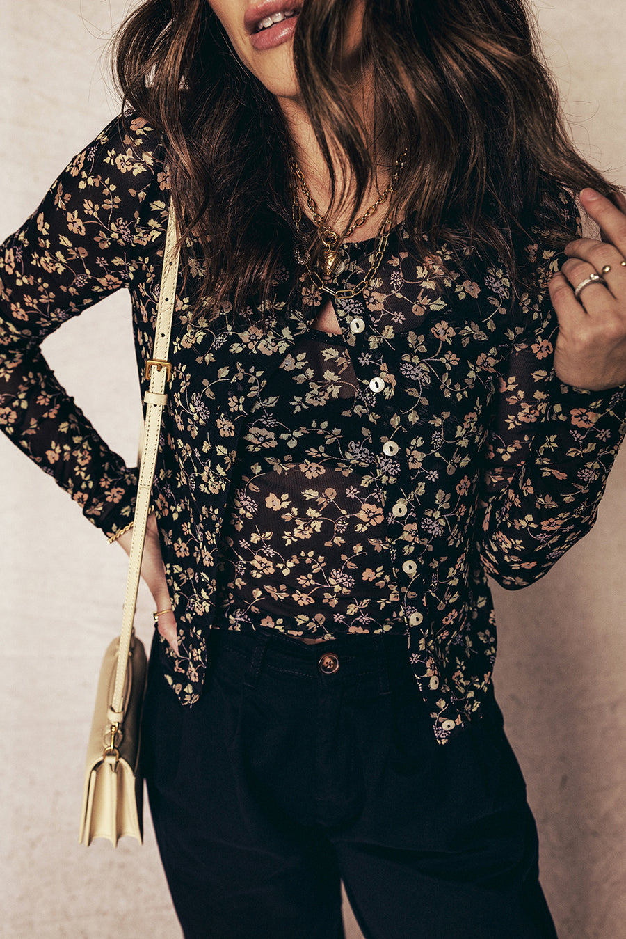 Black Floral Print Mesh Tank Button Front Slim Cardigan 2pcs Set