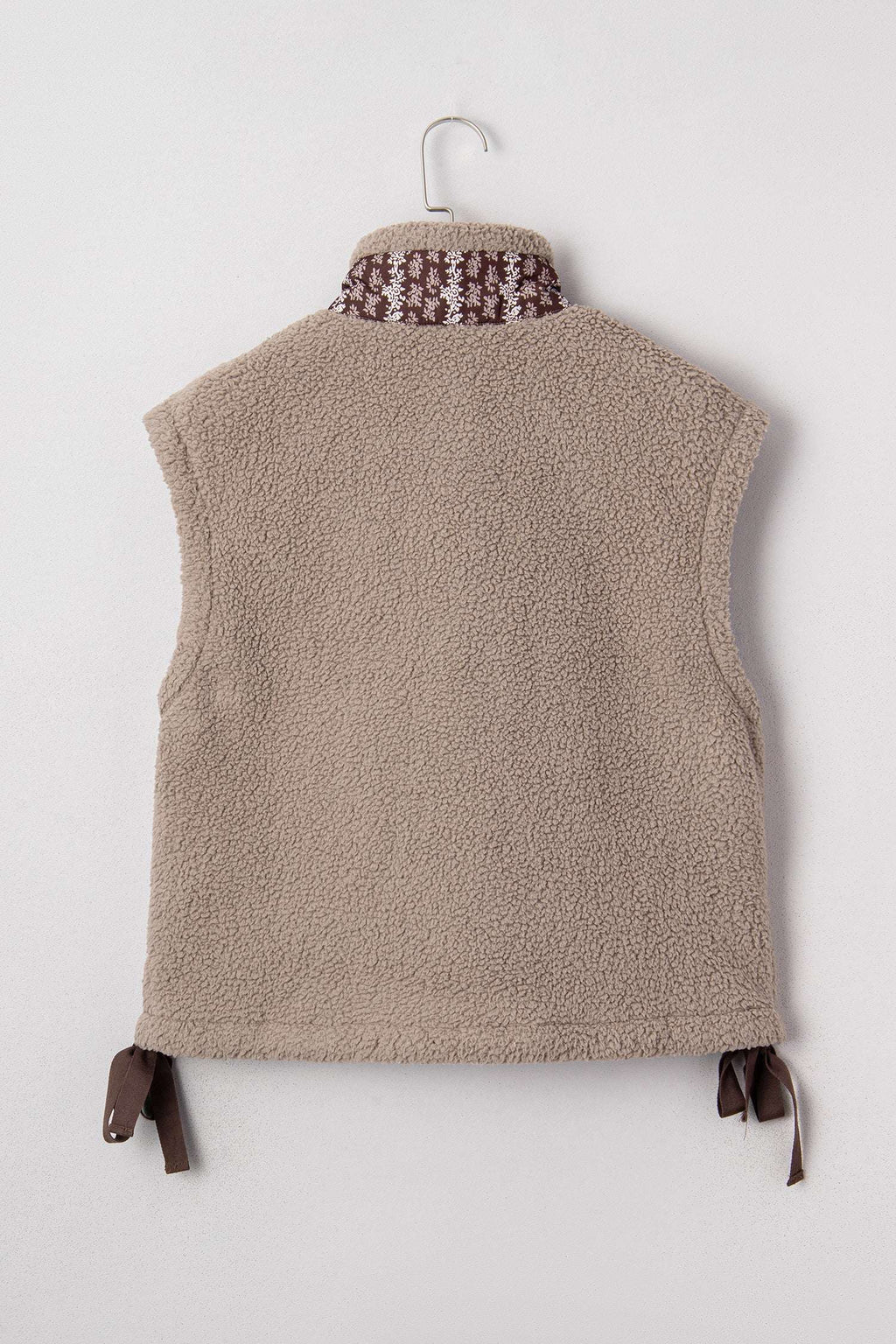 Back flat view of Women's Country Borg Fleece Gilet Winter Vest FashionFitz showing full sherpa fleece texture and brown side bow ties.