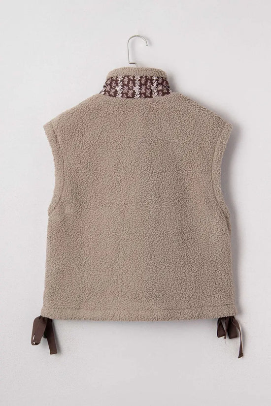 Back flat view of Women's Country Borg Fleece Gilet Winter Vest FashionFitz in khaki fleece with side bow ties and high collar.