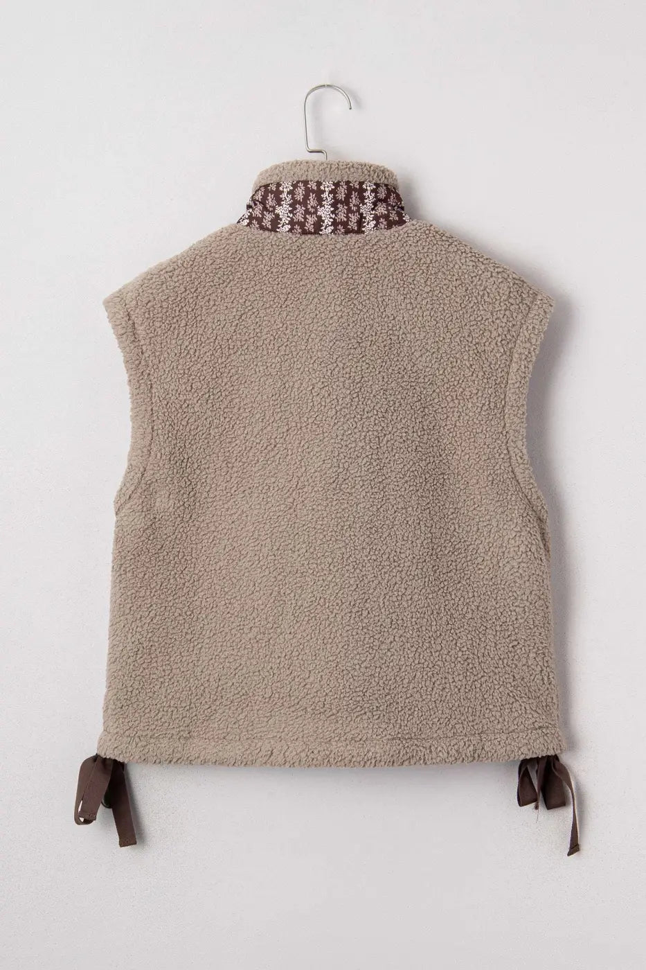 Back flat view of Women's Country Borg Fleece Gilet Winter Vest FashionFitz in khaki fleece with side bow ties and high collar.