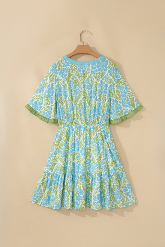 Sky Blue Floral High Waist Ruffle Short Sleeve Mini Dress Women UK