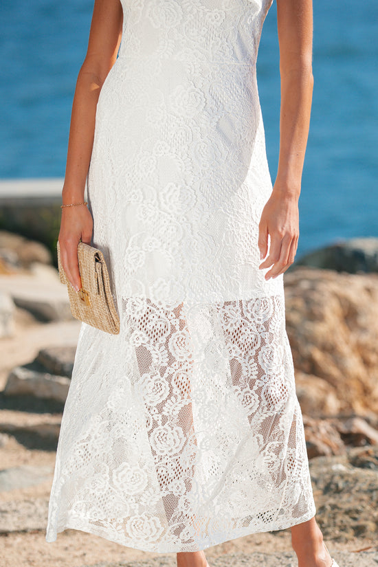 White Lace Overlay Spaghetti Strap Maxi Dress