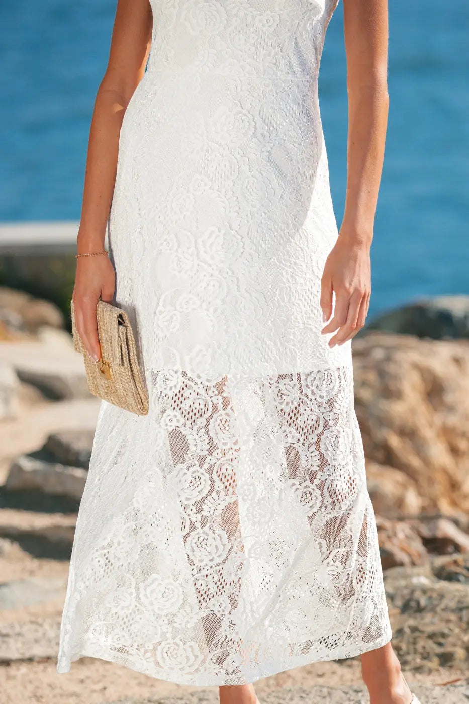 White Lace Overlay Spaghetti Strap Maxi Dress