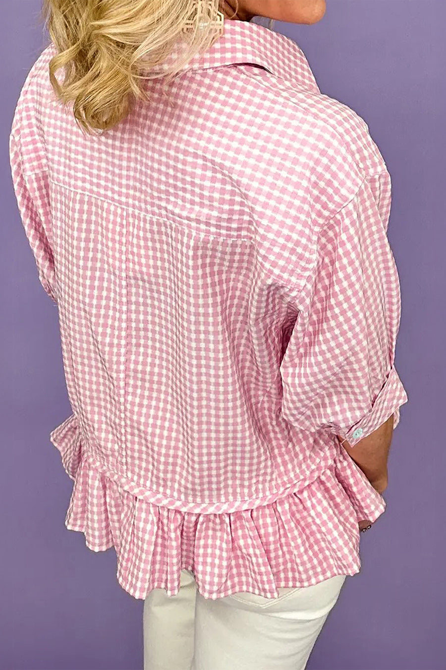 Plaid Ruffle Hem Half Sleeve Blouse Women UK