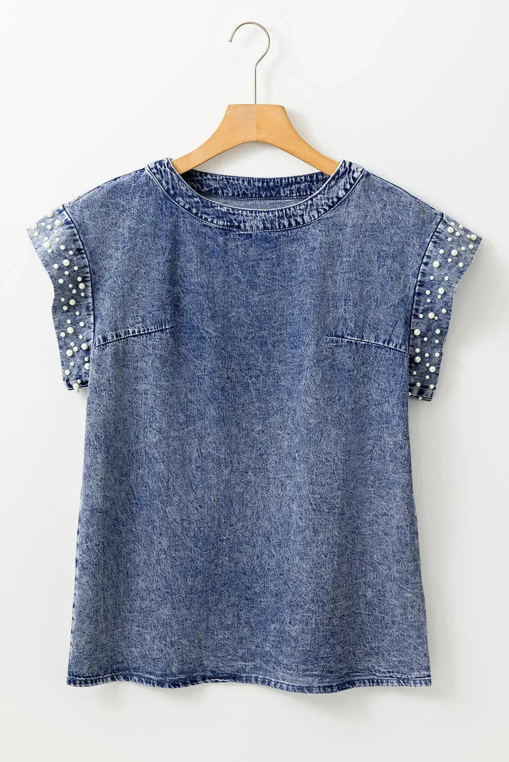 Denim Top - Dusk Blue Acid Wash Pearl Embellishments - Fashionfitz
