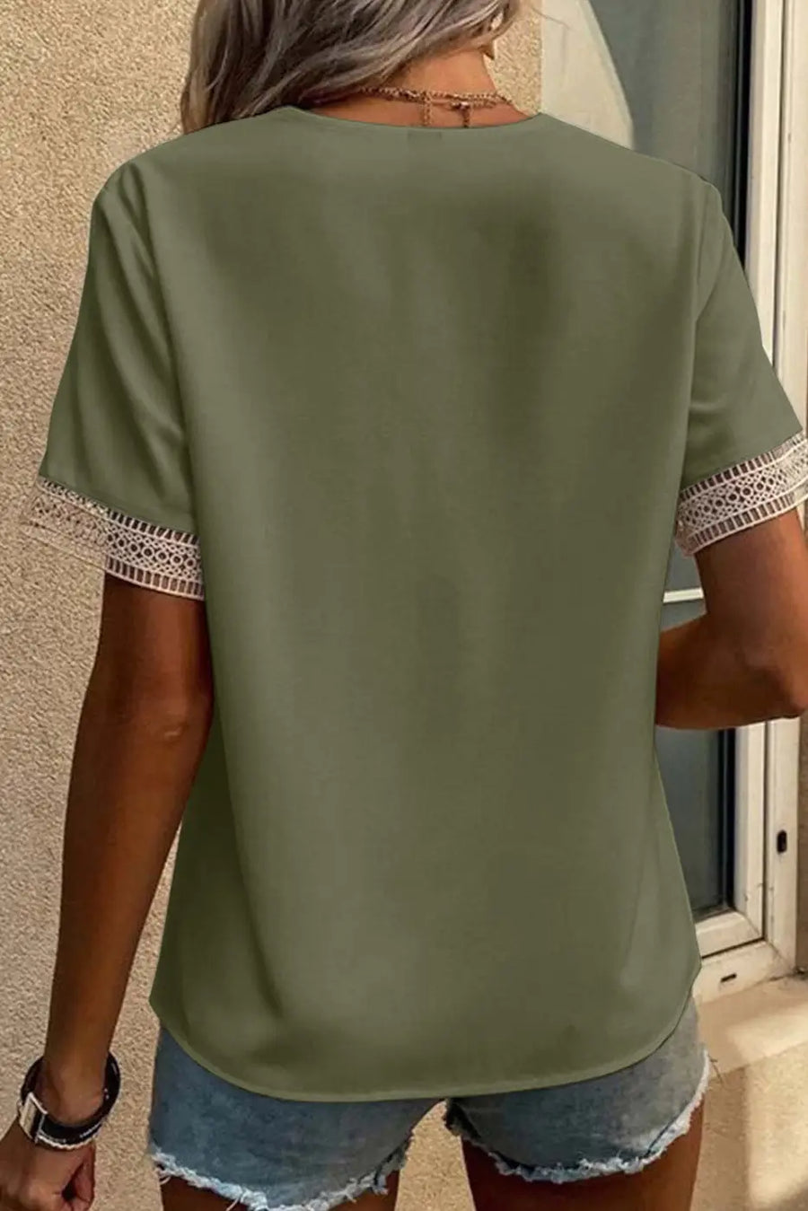 Women’s lace trim v-neck short sleeve blouse | fashionfitz