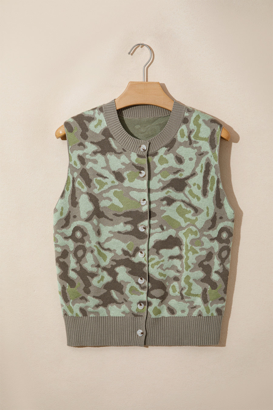 Camo Print Button Front Loose Sweater Vest Women UK