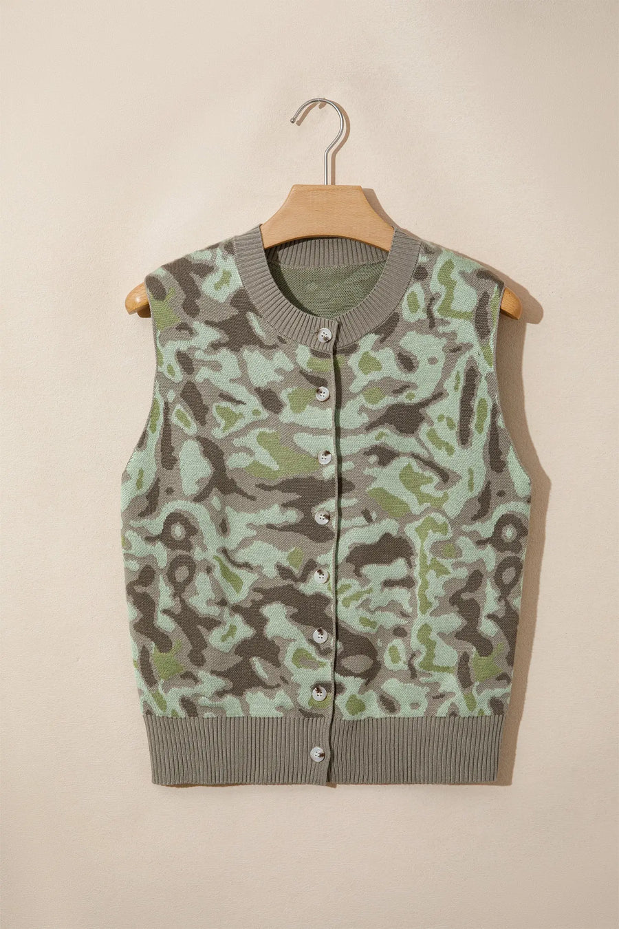 Camo Print Button Front Loose Sweater Vest Women UK