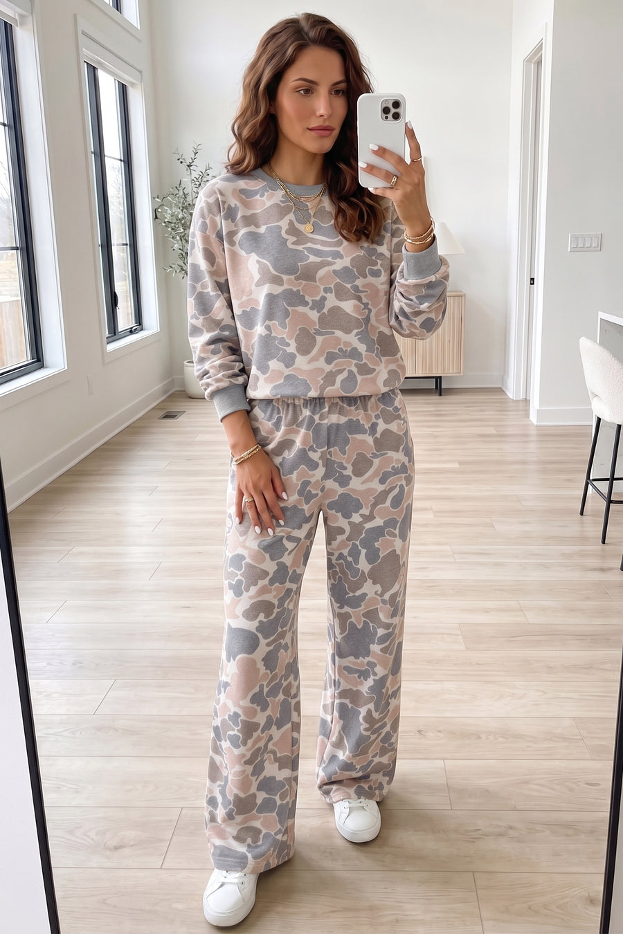 Camo Print Long Sleeve Top Wide Leg Pants Set Women UK