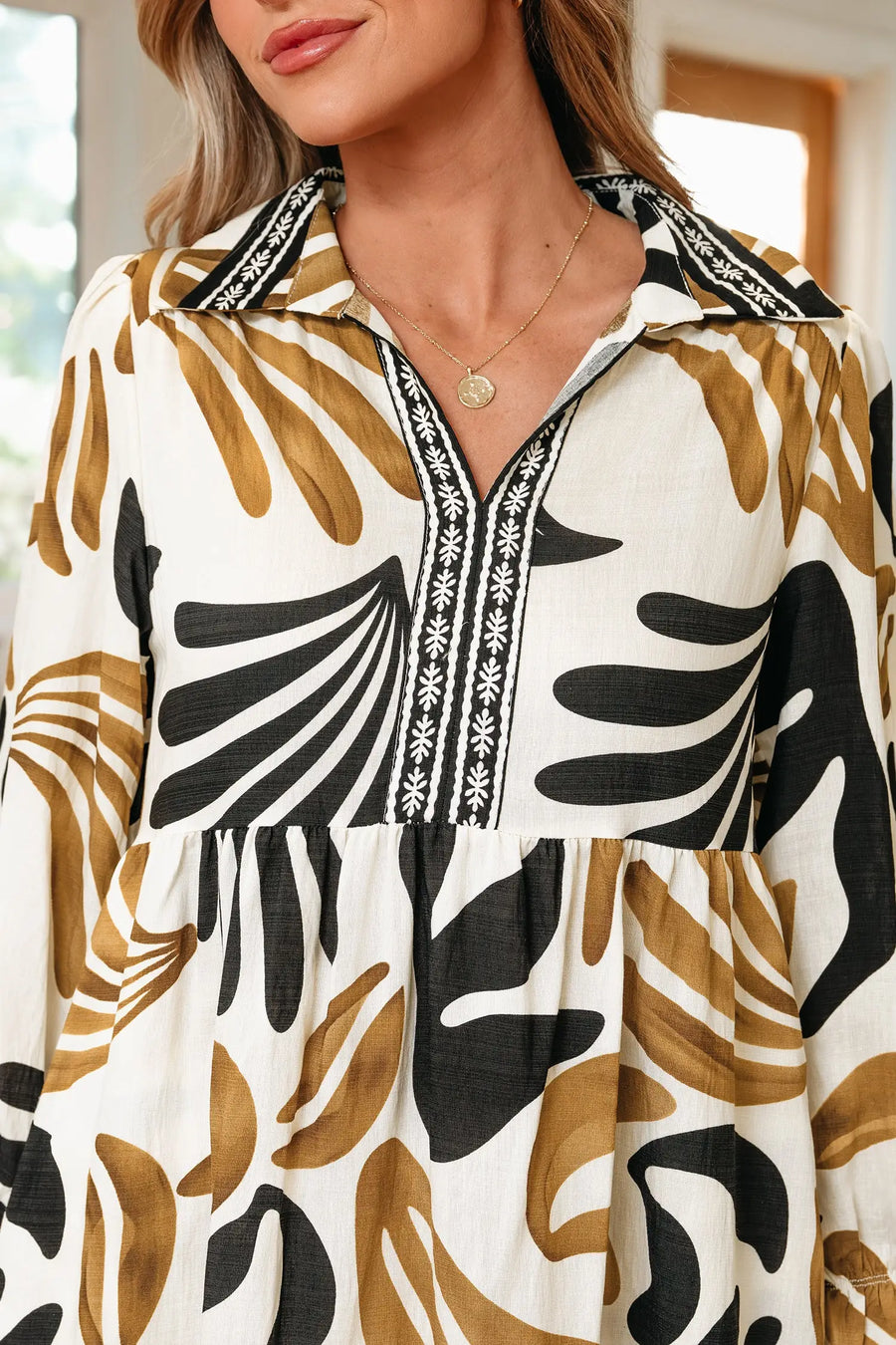 Brown Tropical Print Contrast Trim Long Sleeve Dress Women UK — lifestyle view