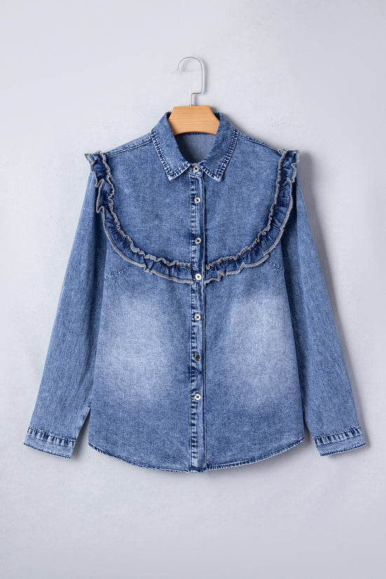 Ruffle Denim Shirt Women | Retro Blue Button Down Top