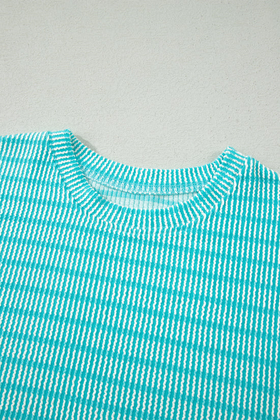 Stripe Raised Rib Loose Tee & Drawstring Elastic Waist Shorts Set