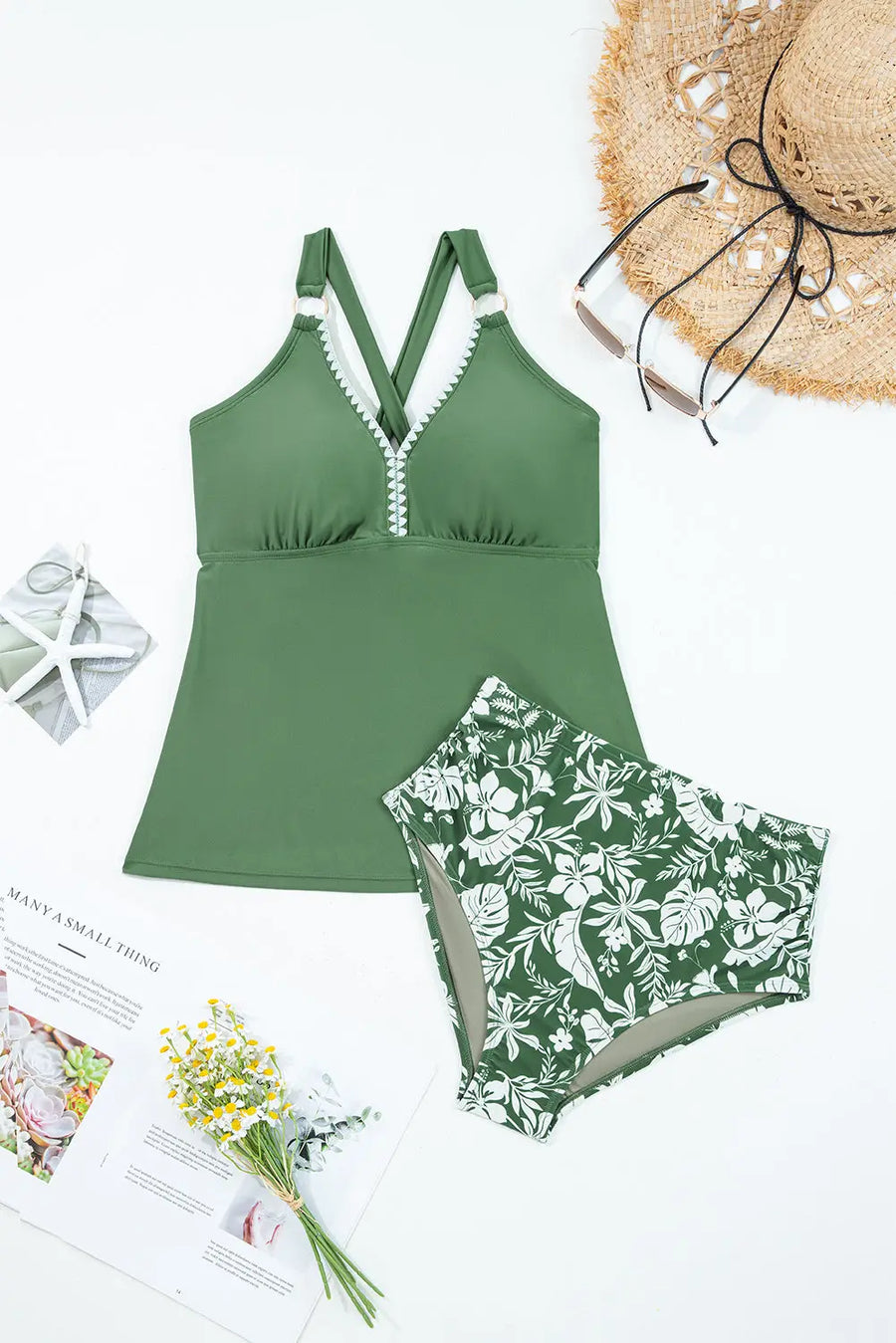 Four leaf clover o-ring knot back straps ricrac trim v neck tankini contrast printed swim short 2pcs set