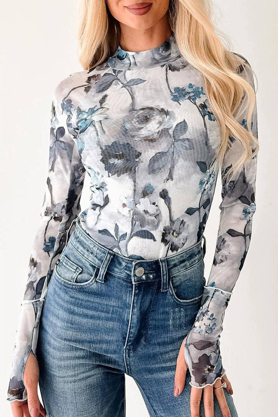 Sky Blue Floral Mesh High Neck Long Sleeve Sheath Top — close-up detail | Fashionfitz UK
