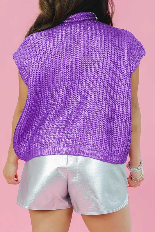 Back view of wisteria lustre knit high neck short sleeve sweater top for women, loose fit design in vibrant purple acrylic knit.