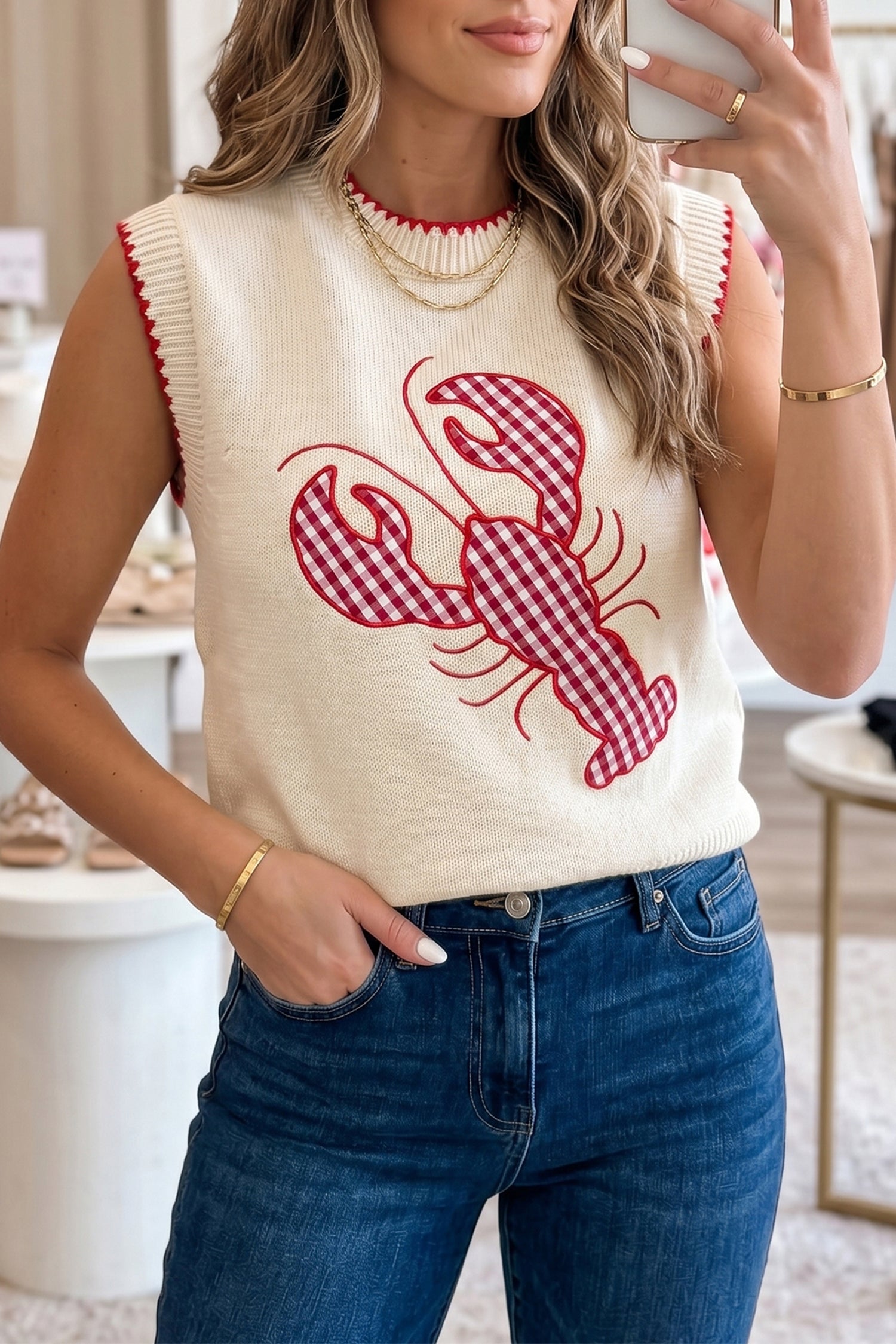 Plaid Crawfish Embroidery Crew Neck Knit Sweater Vest
