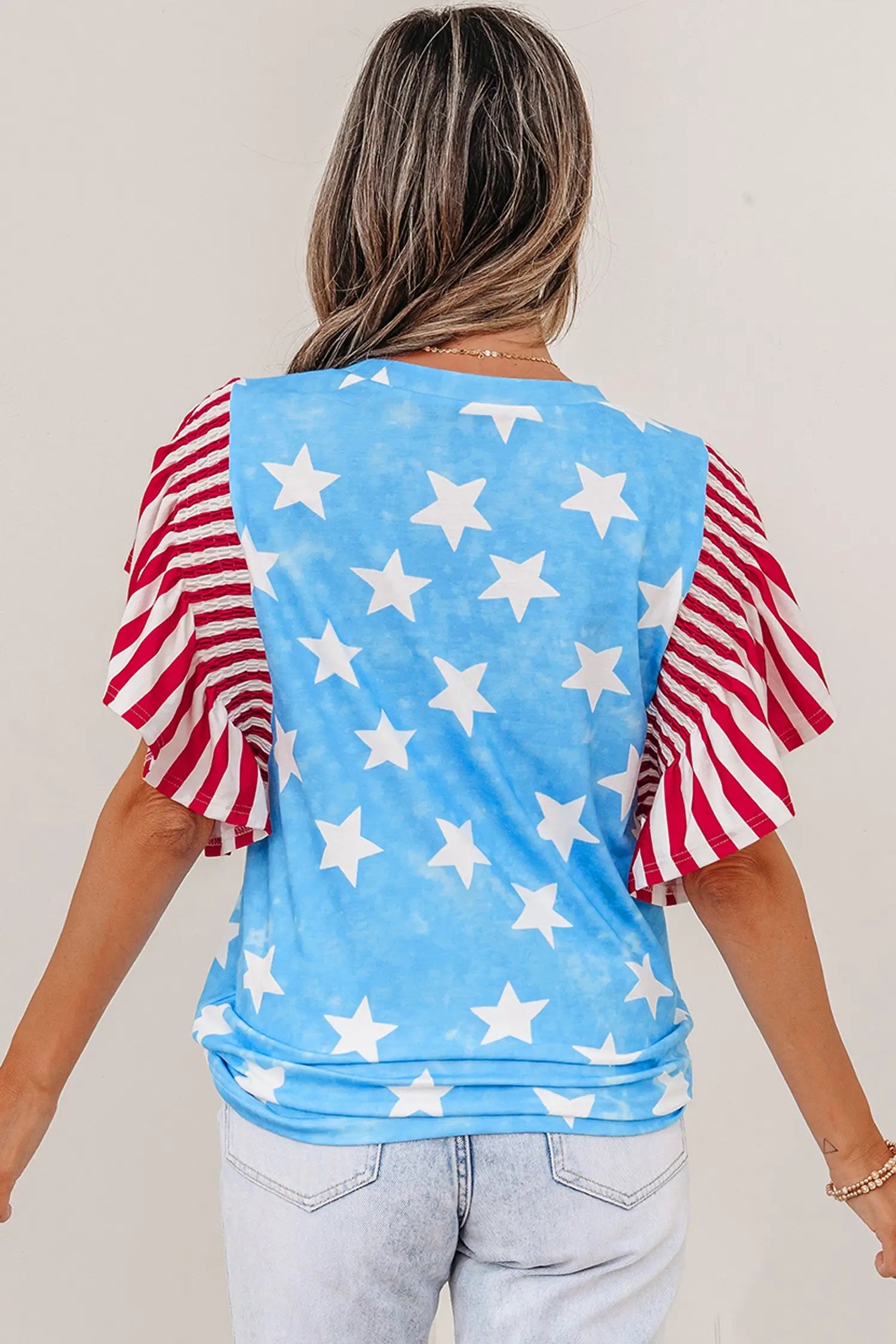 Sky blue vintage star print striped ruffle sleeve top blouses