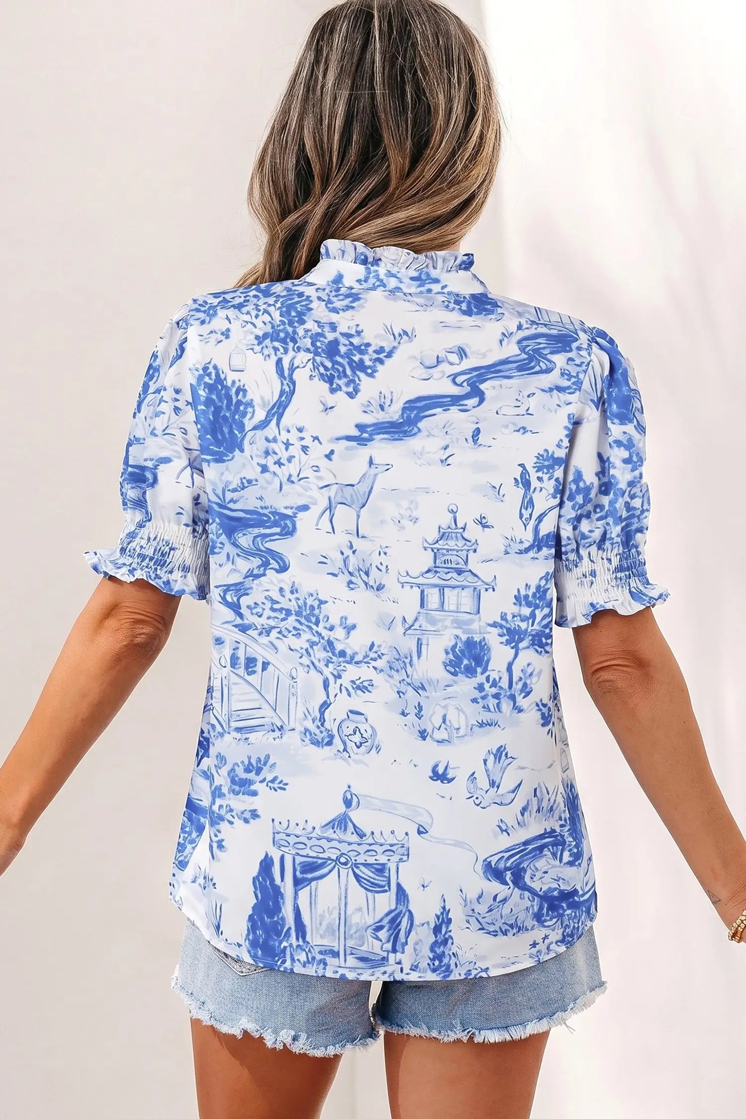 Animal paradise print striped panel gathered v-neck blouse blouses