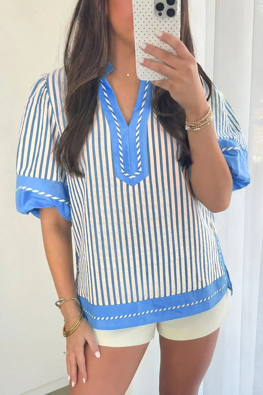 Sky blue stripe colour block V-neck blouse — front view, contrast trim detail | Fashionfitz UK