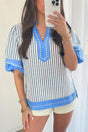 Sky blue stripe colour block V-neck blouse — front view, contrast trim detail | Fashionfitz UK