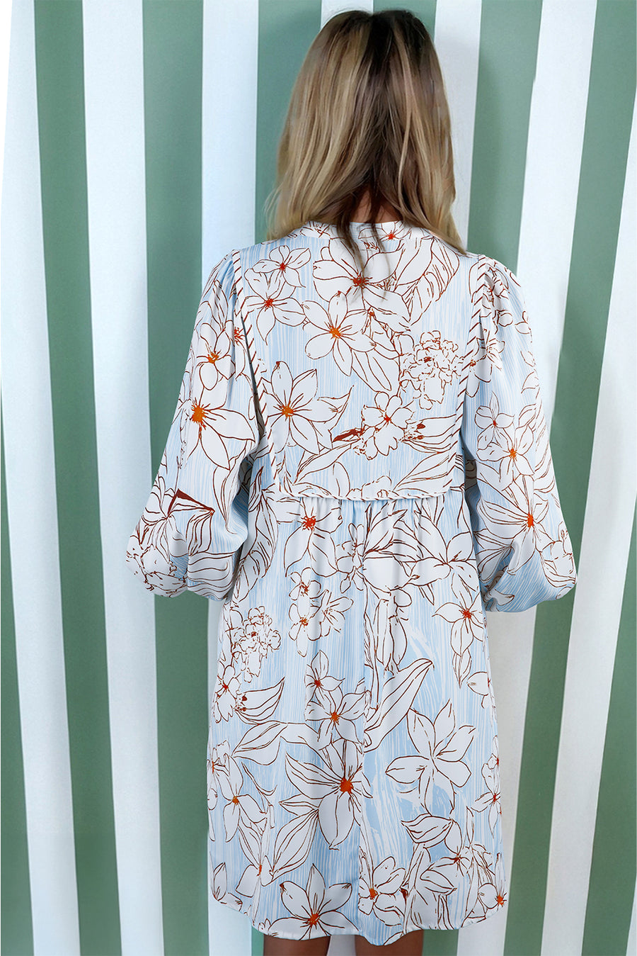 Brown Floral Tie Neck 3/4 Sleeve Mini Dress Women UK — side view