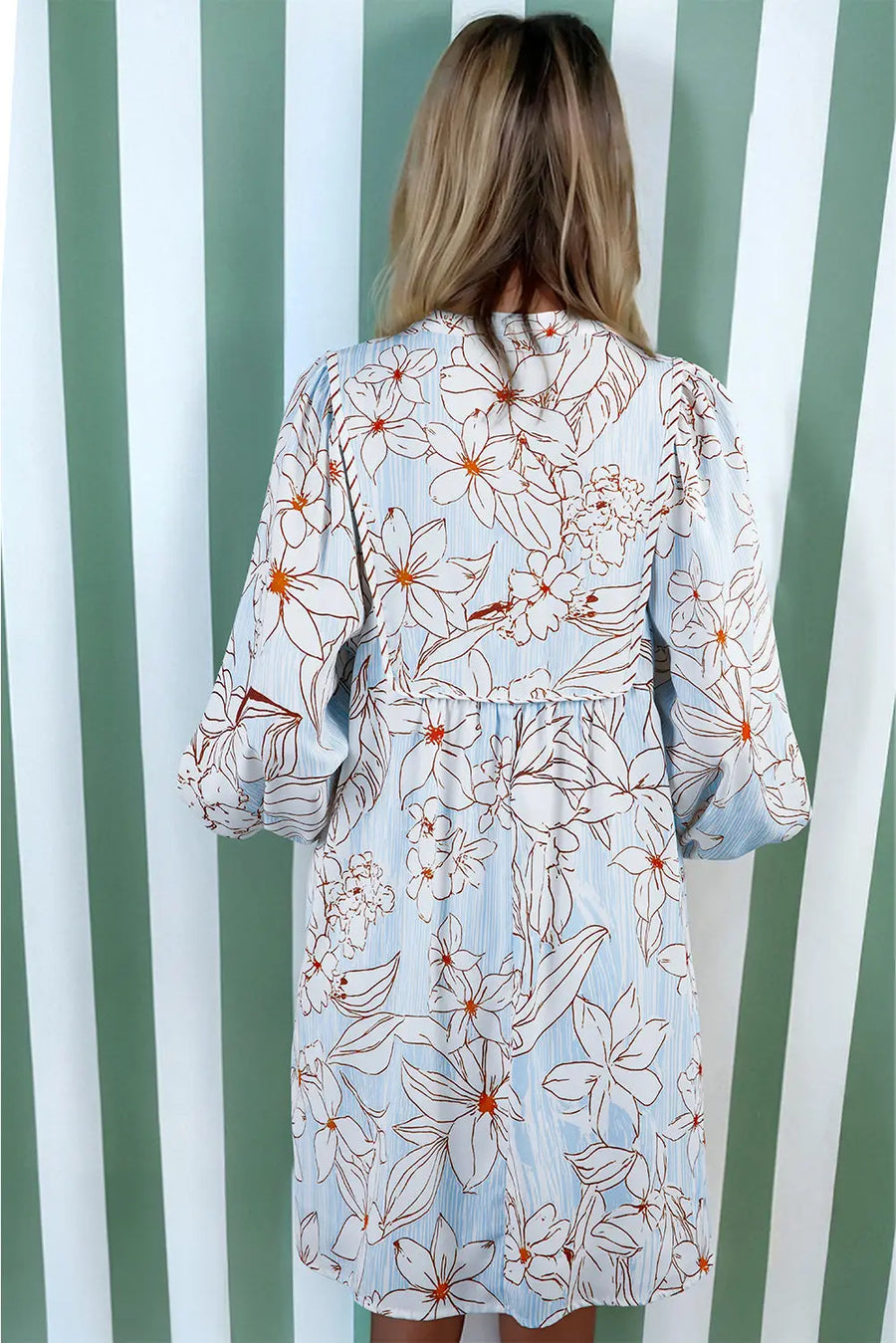 Brown Floral Tie Neck 3/4 Sleeve Mini Dress Women UK — side view