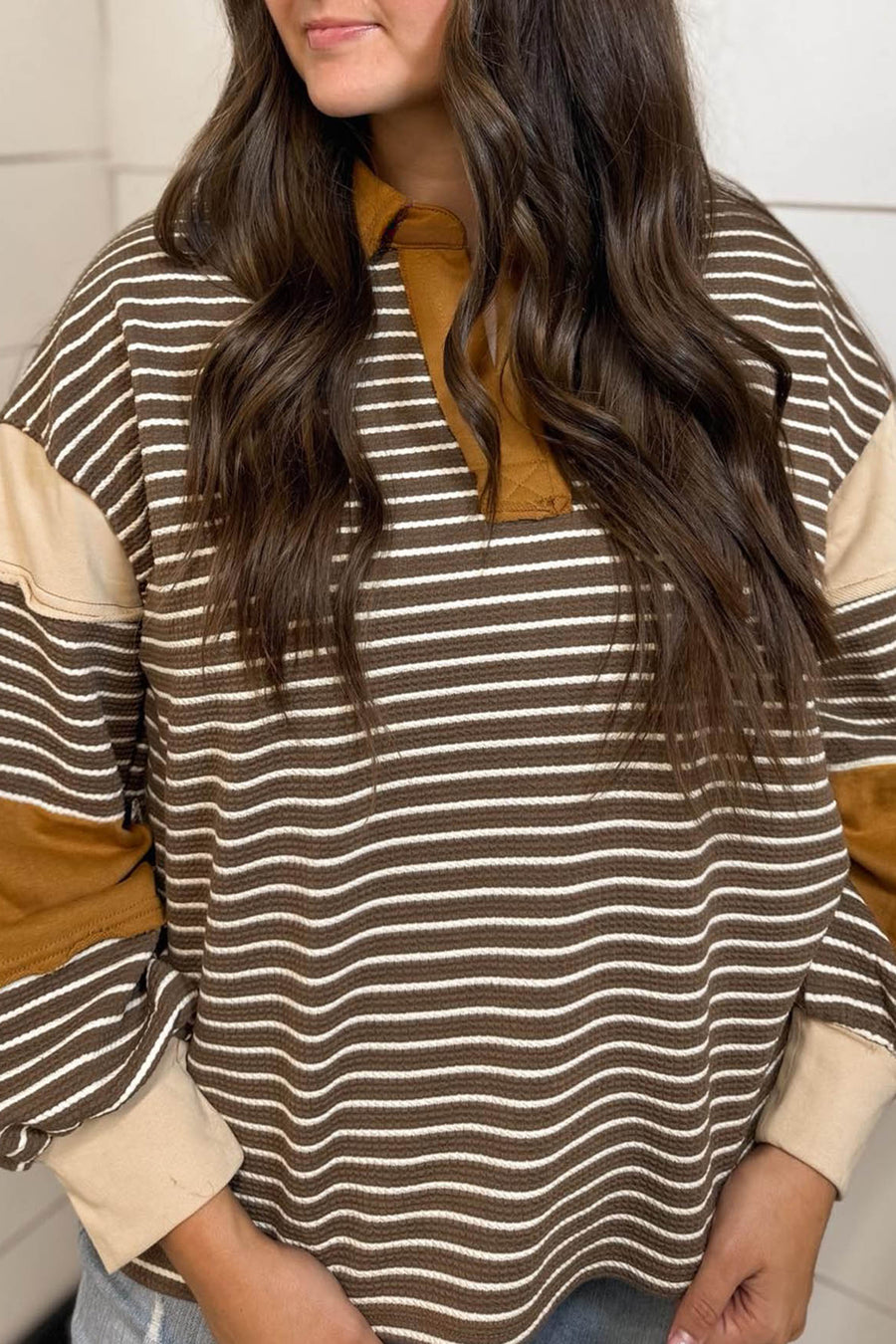 Plus size stripe colorblock long sleeve top — back view