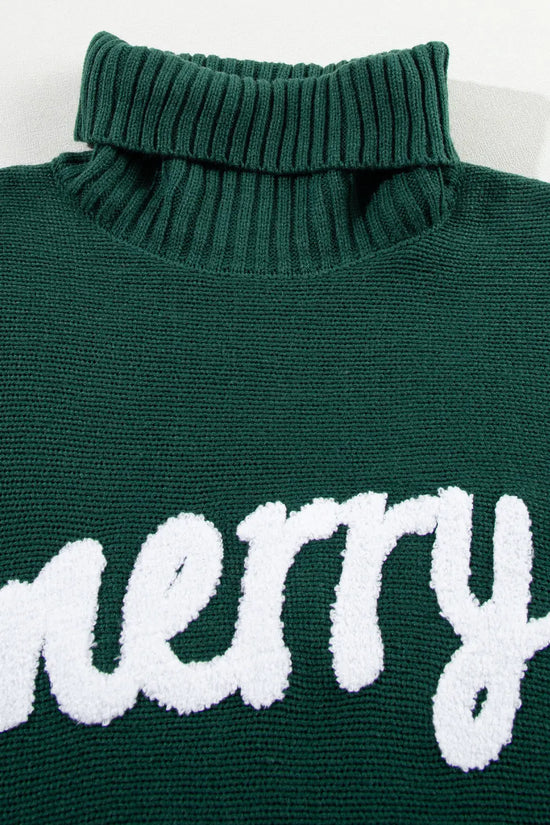 Close-up of ribbed high neck and 'merry' embroidery on green Stylish High Neck Red Sweater - Christmas, made from soft acrylic knit.