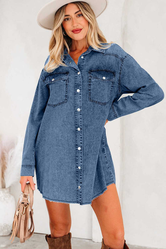 Casual raw hem oversized denim dress for women in medium blue, styled with long sleeves, front buttons, and dual chest pockets for a laid-back look.