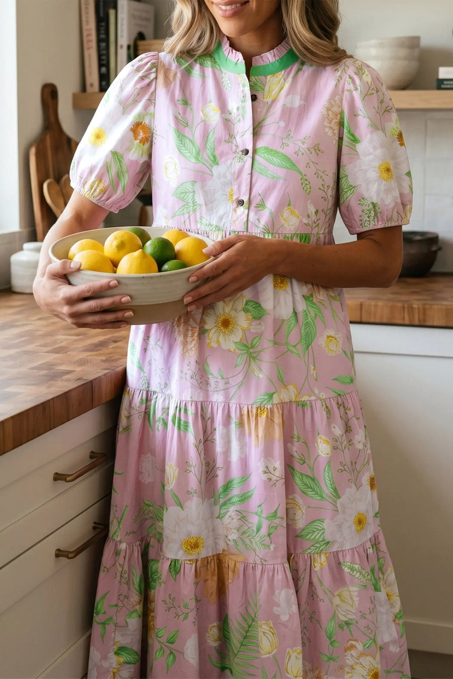 Pink Floral Puff Sleeve High Waist Tiered Maxi Dress Women UK