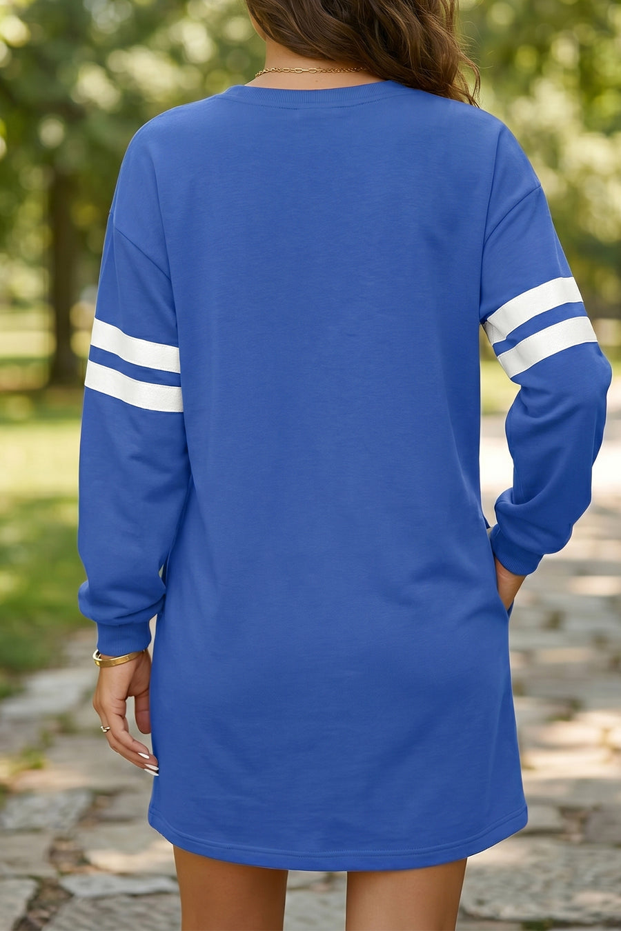 Varsity Contrast Banded Sleeve Sweatshirt Dress Mini Shift with Pockets — full length view on model | Fashionfitz UK