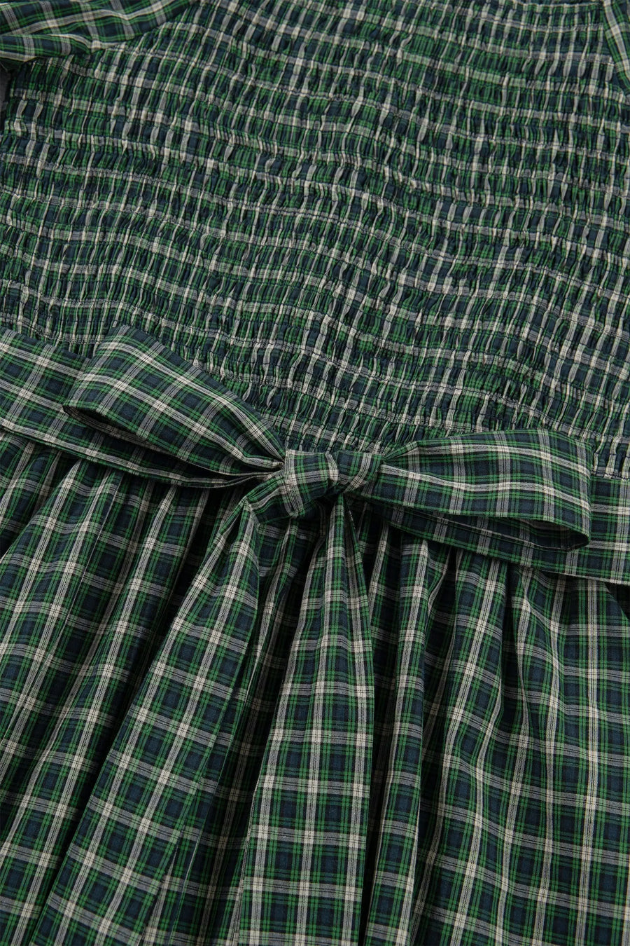 Plaid Square Neck Shirred High Waist Ruffle Hem Dress