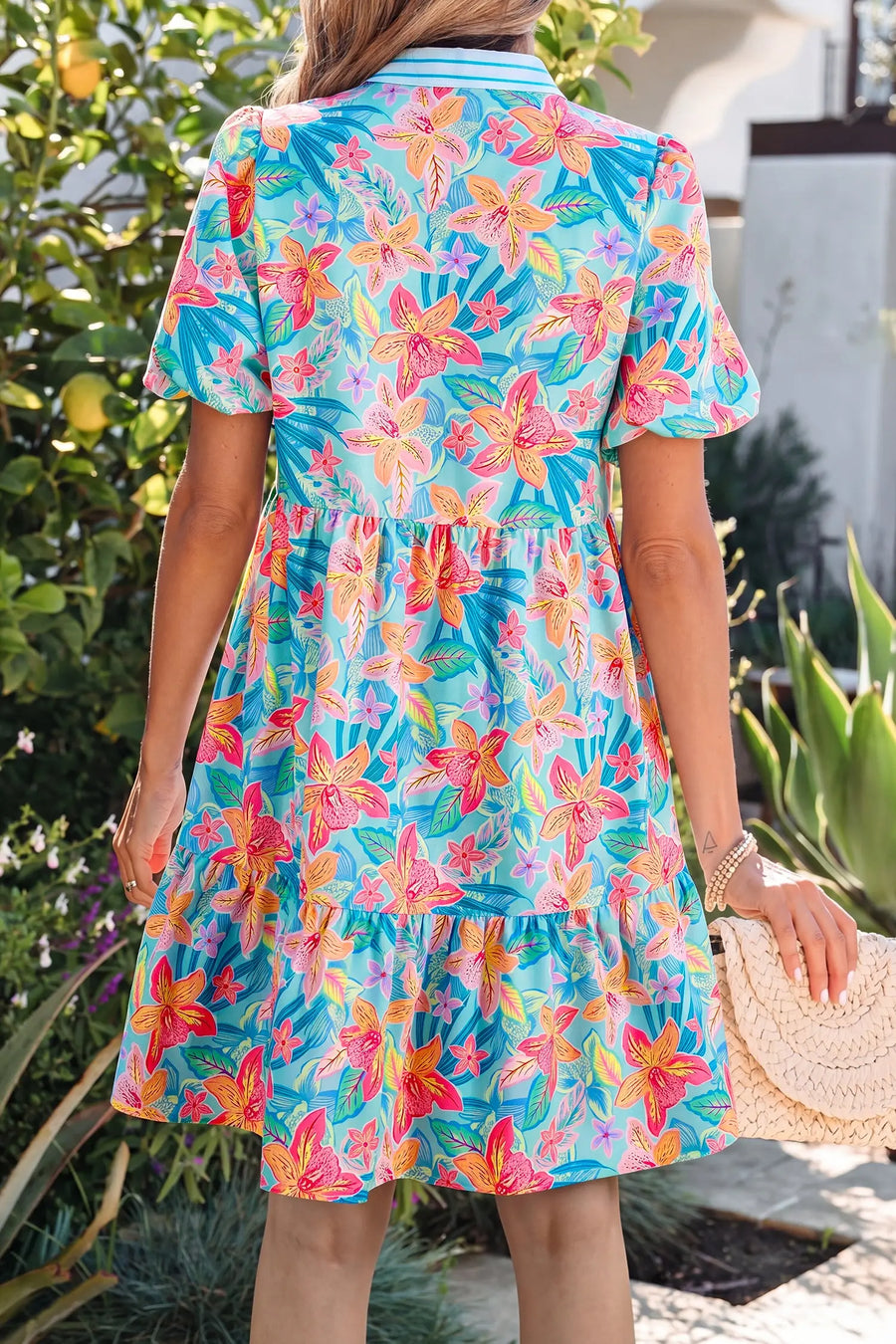 Floral scallop trim v-neck mini dress back view | Fashionfitz UK
