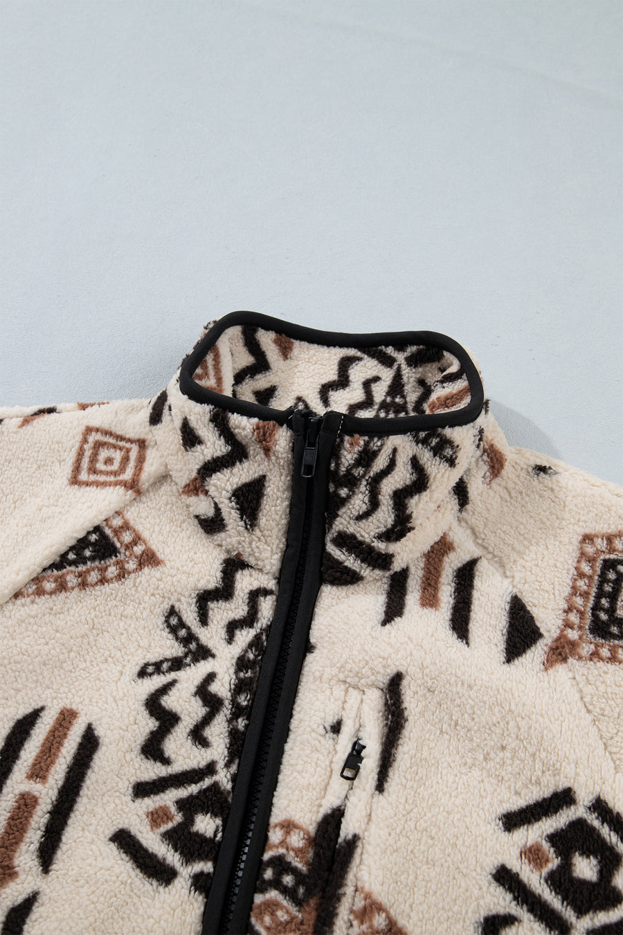 Beige Geometric Print Long Sleeve Shirt Collar Zip-up Placket Binding Tape Jacket